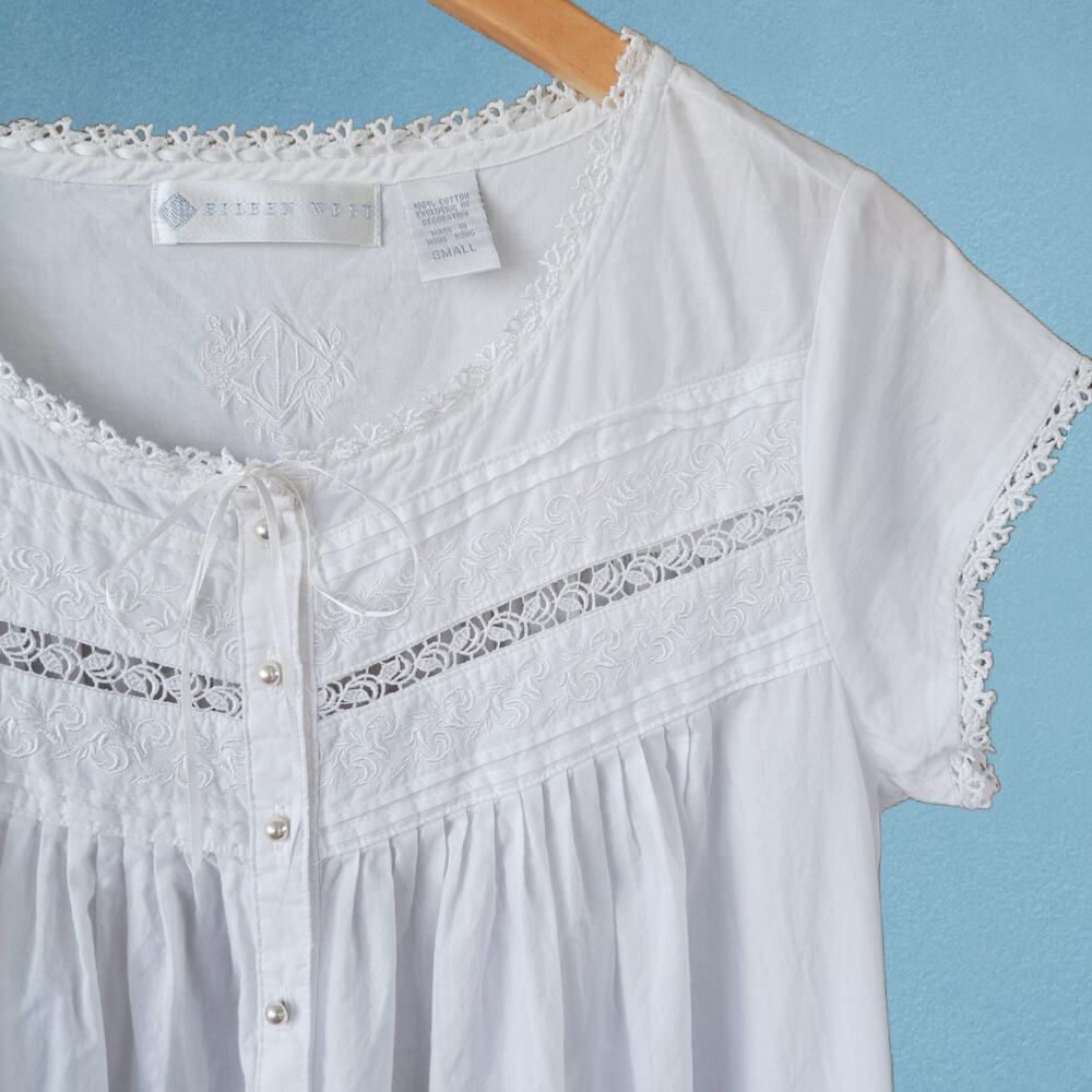 EILEEN WEST White Cotton Lawn Ballet Nightgown Small Cap Sleeve Dainty Cottage - Picture 2 of 8